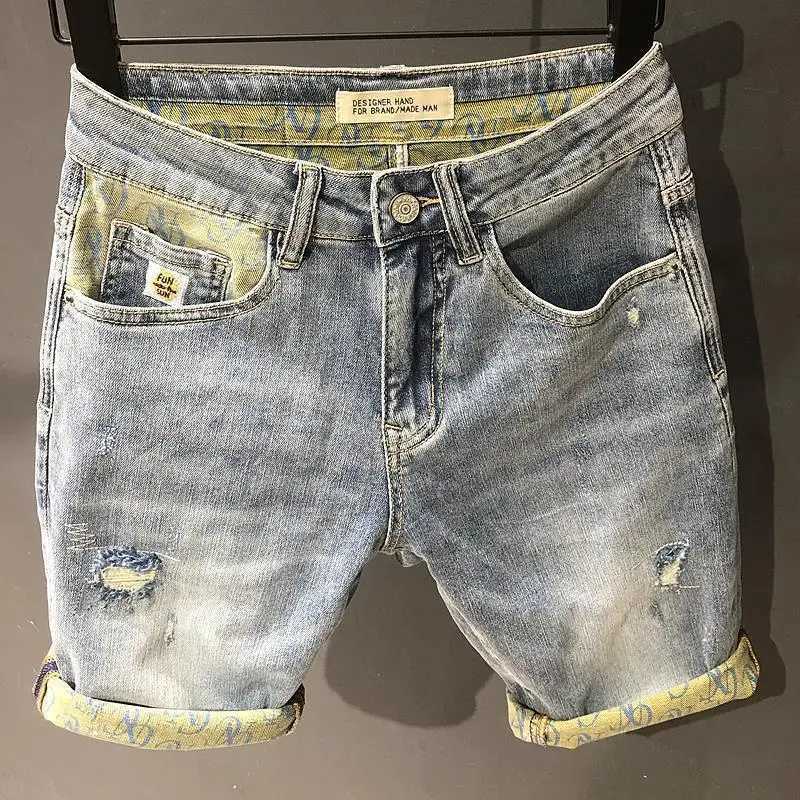 Mens casual denim jeans knee length shorts 2024 summer new denim print Distressed shorts Korean ultra-thin patch work shorts W241226
