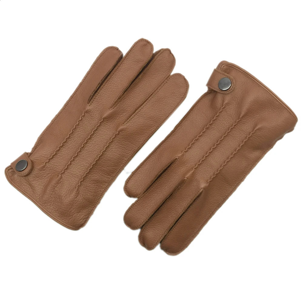 Winter Men Genuine Leather Deerskin Thick Velvet Warm Gloves Male Sewing Black/Brown Thicken Luva Deri Eldiven 241226