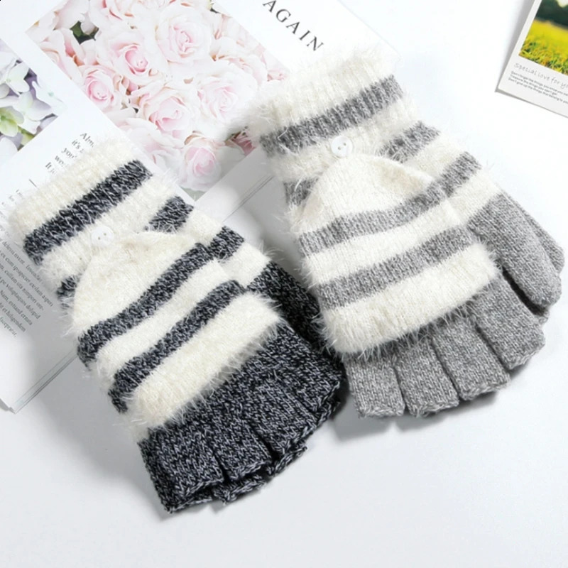 Plush Striped Gloves Fingerless Gloves with Flip Top Winter Knitted Mittens M6CD 241226