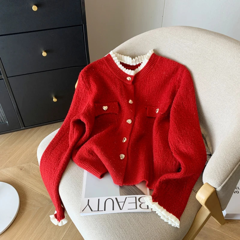 2024 Autumn Winter Cashmere Sweater Women Korean Style Casual Ruffles White Pink Red Long Sleeve Knitted Cardigans For 241225