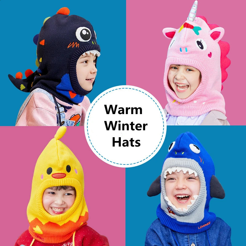 Kids Winter Hat Pompom Children Knitted Hats Baby Girls Boys 3D Animal with Warm Fleece Lining 241225