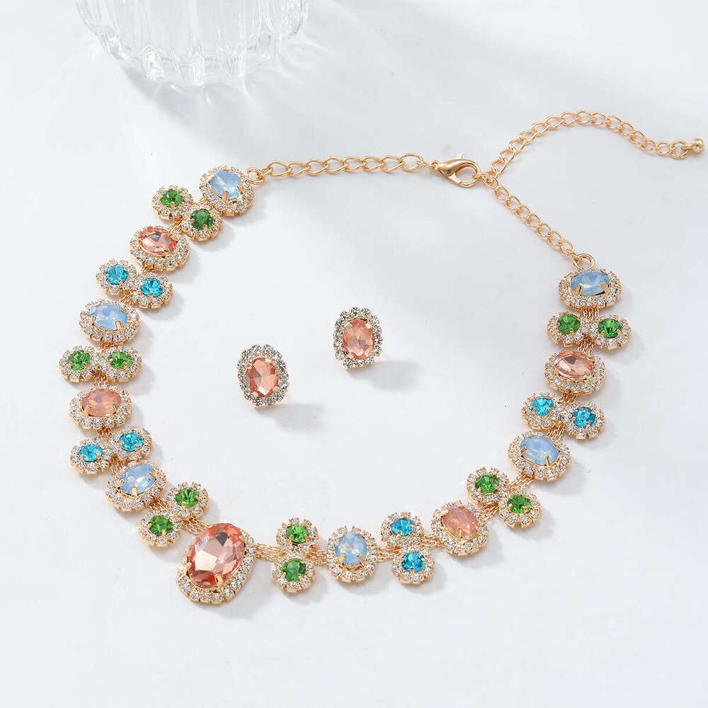 New Light Luxury Fashion Necklace Earrings Water Diamond Jewelry Set for Women's Trendy Accessories