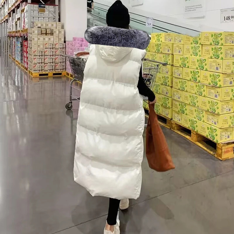 Detachable Fur Long Vests Winter Women Vest Korean Hooded Jacket Cotton Padded Windproof Warm Waistcoat 2024 241223