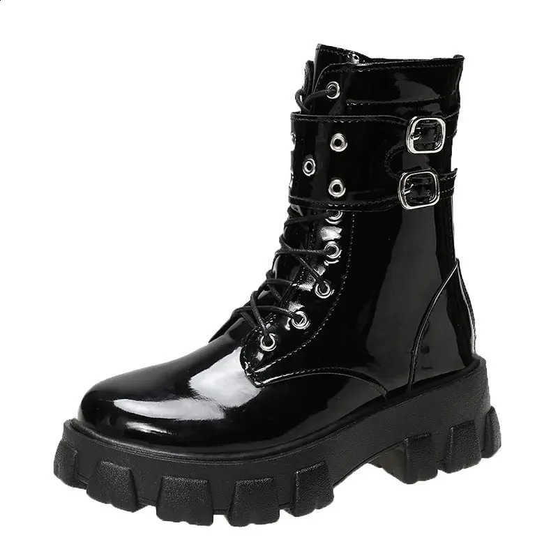 Fashionable Metallic Buckle Decoration Ankle Boots Woman Summer Ankle Boots Style Thick Bottom shiny leather boots 241226