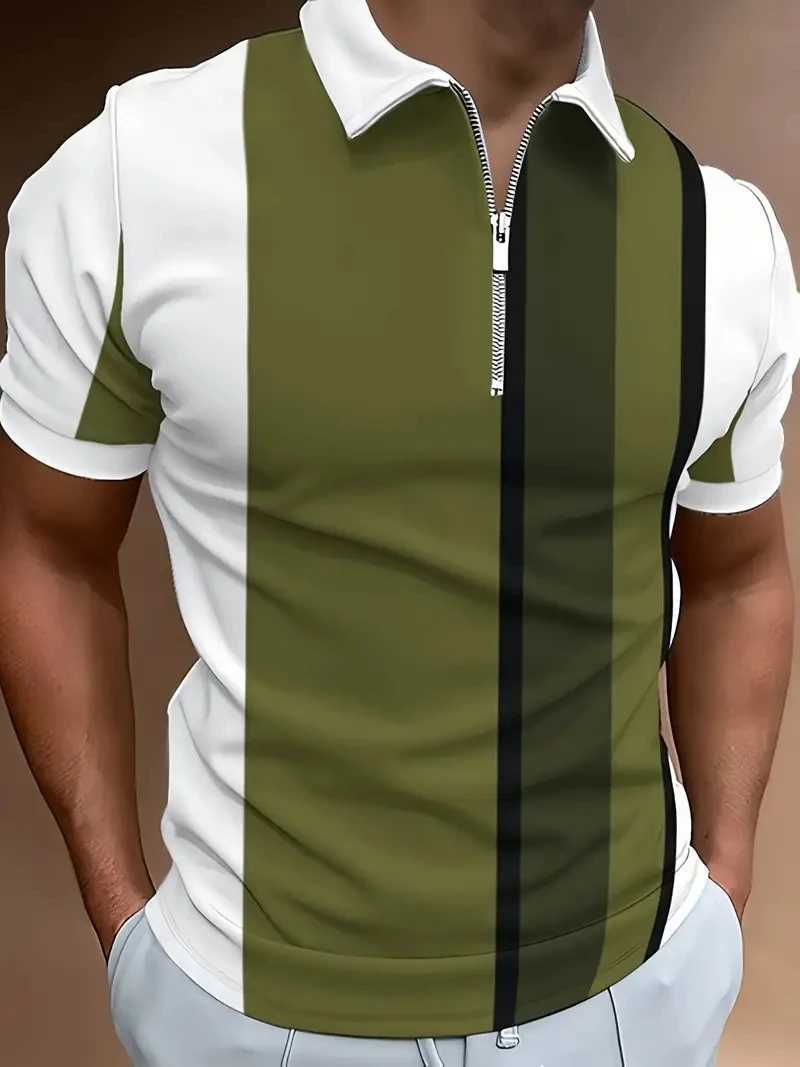 Mens zipper polo shirt with black and white stripes 3D printed retro mens short sleeved plus size street summer polo shirt W241226