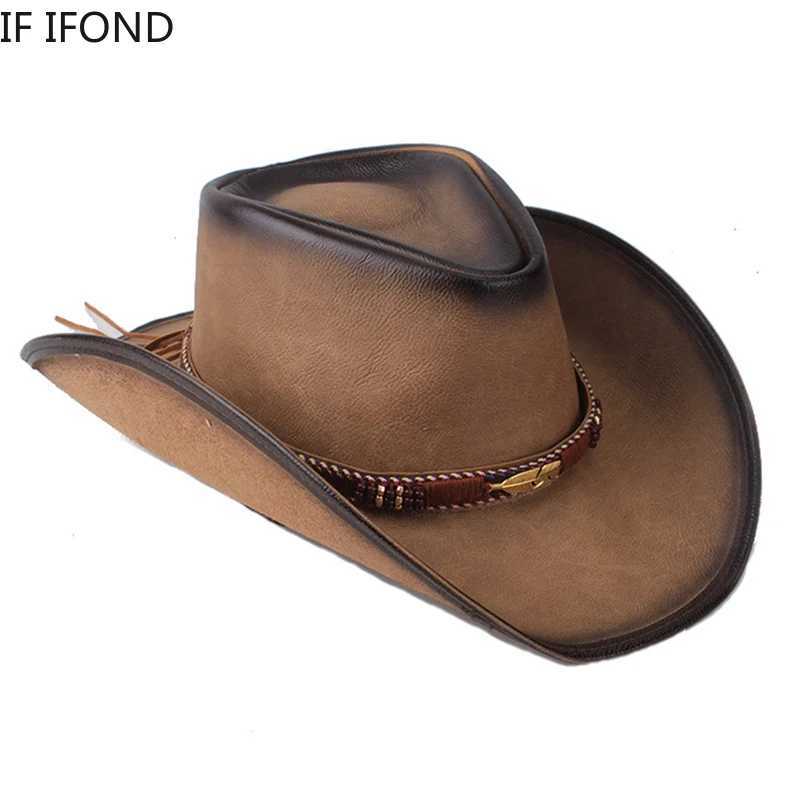 New Leather Mens and Womens Western Cowboy Hat Wide Brown Godfather Hat Gentlemens Church Sombrero Hombre Jazz C W241225