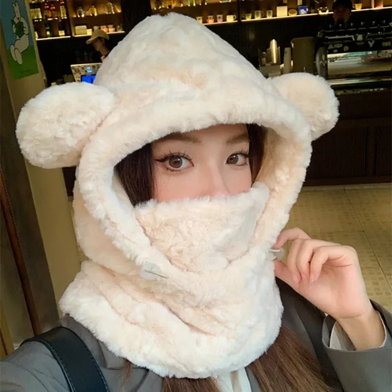 Women Winter Warm Hat Scarf Sets Plush Thickened All-in-one Kawaii Bear Ear Beanie Windproof Scarf Hooded Ear Protection Cap 241225