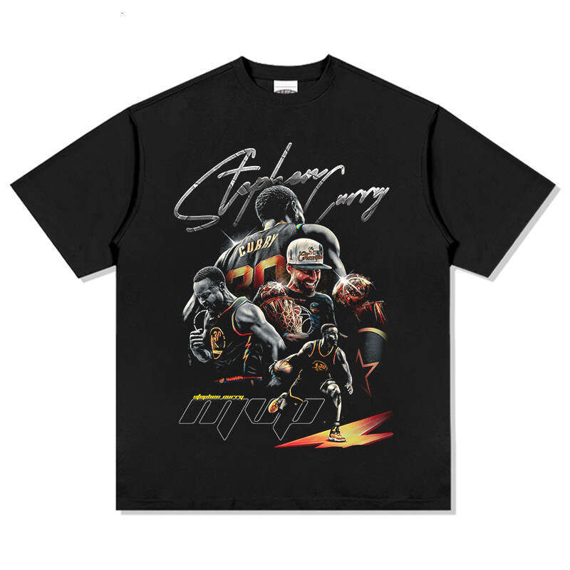 Curry American Street Basketball Figure Printed Short Sleeve Men's and Women's Pure Cotton Round Neck Hoodie