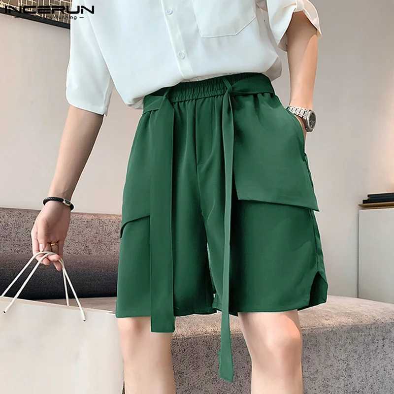 INCERUN 2024 Korean style short leg new mens ribbon design straight leg short leg casual fit mens wide leg cargo short leg S-5XL W241226