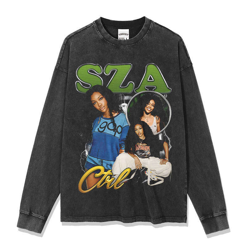 American style new Shisha SZA printed short sleeved T-shirt, washed and worn pure cotton round neck hooded sweatshirt