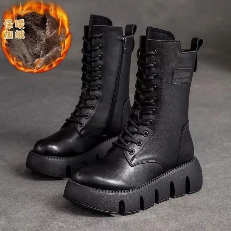 Winter Leather Women Boots Round Toe Mid-heel Ankle Boots for Women Lace Up Warm Snow Boots Retro Lady Platform Bikerboots Women 241226