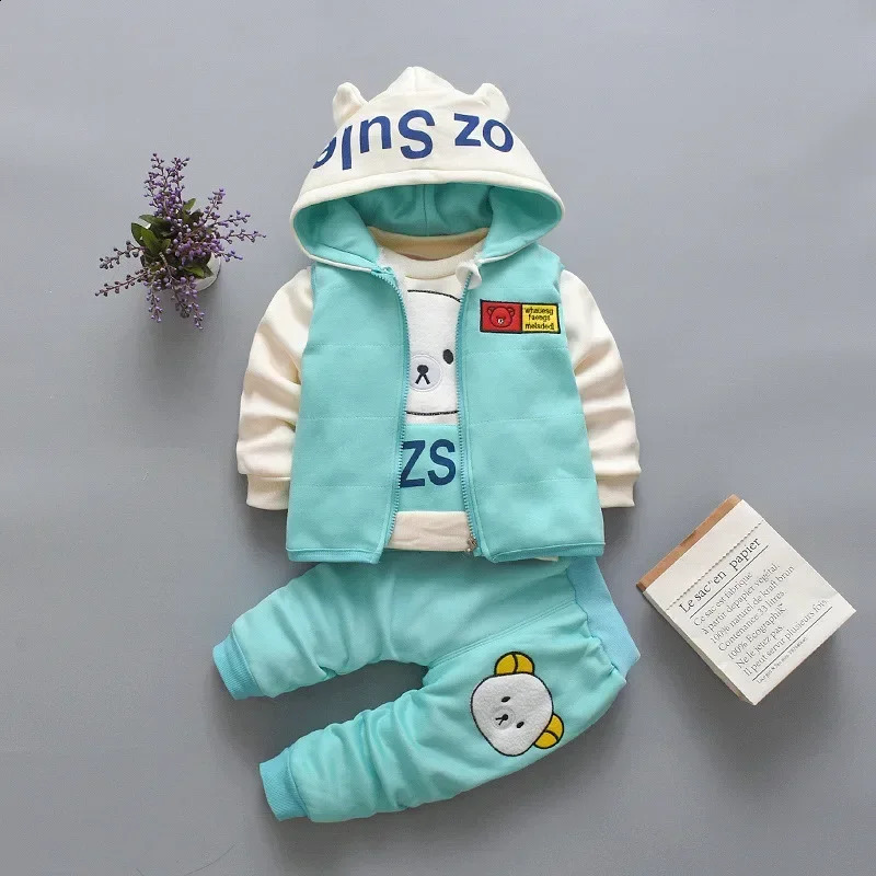 Clothing Sets Baby Boys Girls Winter Plus Velvet Thick Flannel Fleece Homewear 3Pcs Children Warm Cartoon Sleepwear Suit 241225