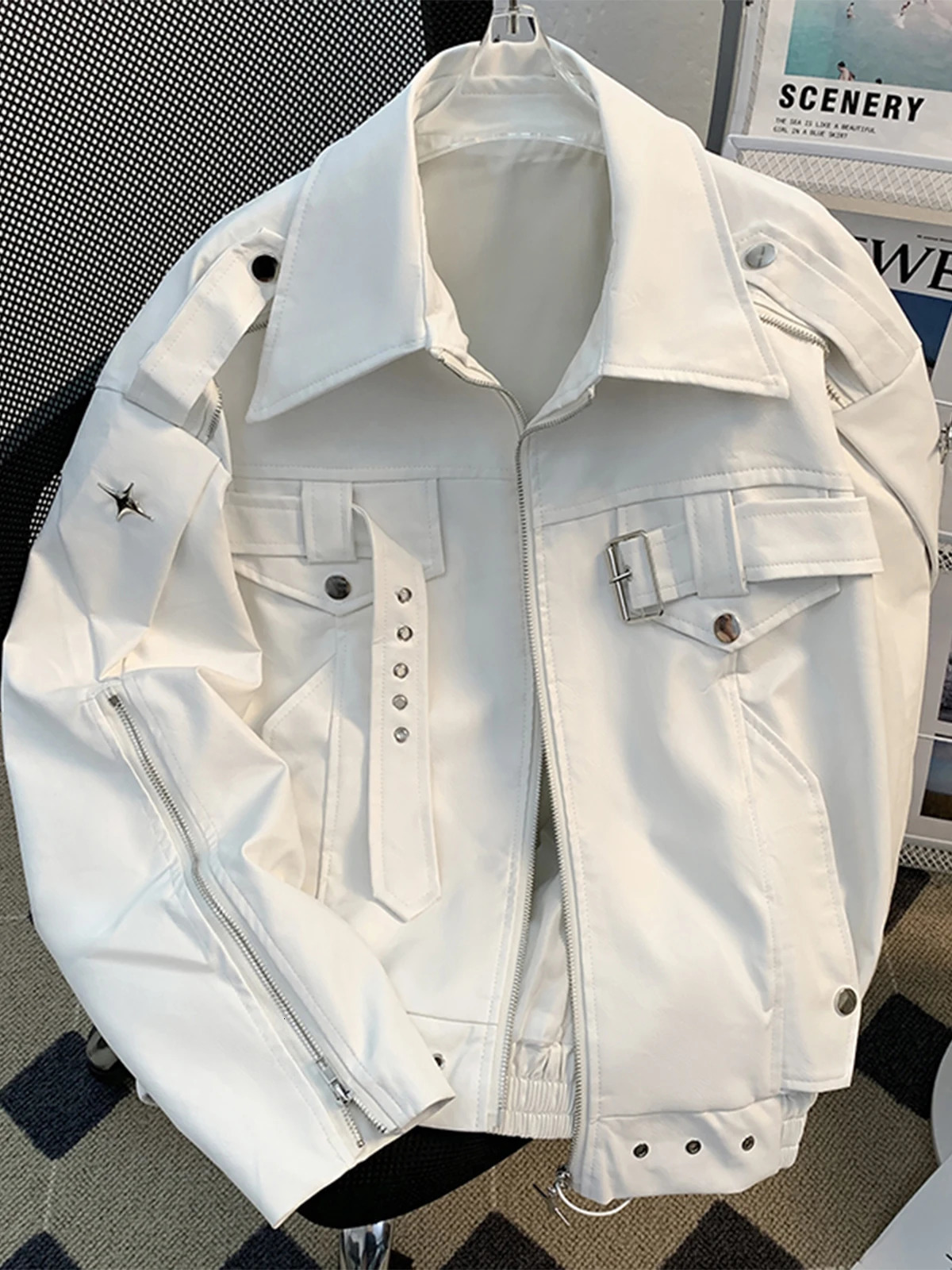 Niche Deconstruction Heavy Industry Leather Jacket Mens Spring Autumn n Loose Clean Fit Short Motorcycle 241224