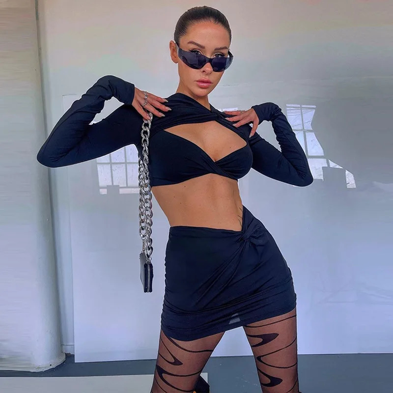 2024 Hollow Out Long Sleeve Tops Slim Skirt Suit Womens Sexy Two Peice Sets Cardigan Set Backless Crop Top Eveing Dress 241220