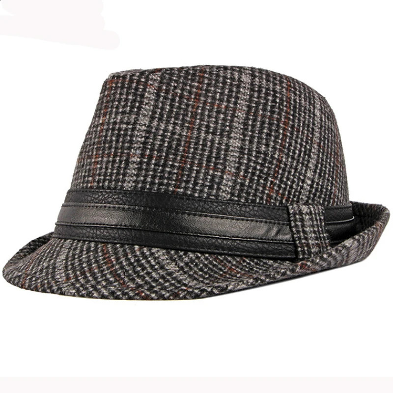 HT2774 Fedoras Autumn Winter Hat Caps for Men Vintage Plaid Wool Hat Retro Gentleman Black Band Fedora Hat Male Trilby Jazz Hat 241226