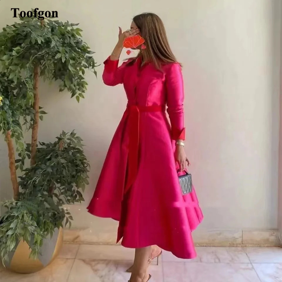 Toofgon A Line Satin Midi Prom Dresses Women Special Outfits Long Sleeves Buttons Formal Party Gowns Evening Dress Customized 241223