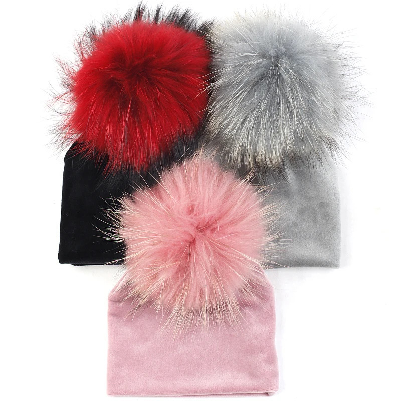 Cute Big Real Fur Pompom Baby Girls Boys Beanies Infant born Winter Warm Hats Unisex For 03 Month Caps 241225