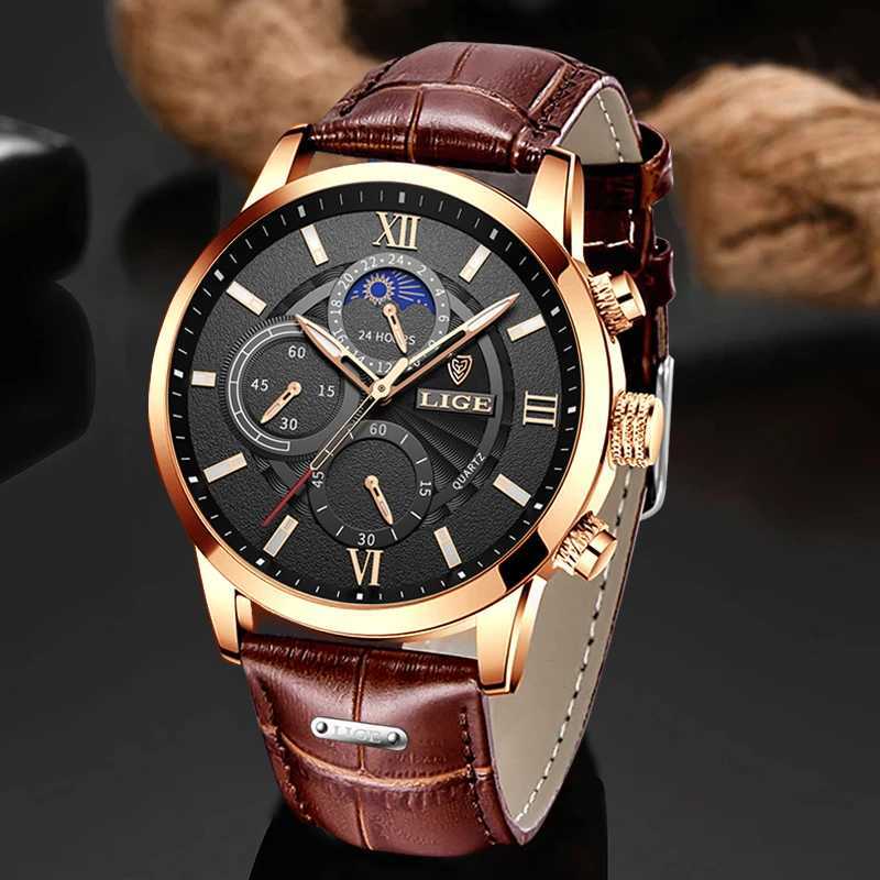 New Arrival New Mens Watches LIGE Top Brand Luxury Leather Casual Quartz Watch Mens Sport Waterproof Clock Watch Mens Watch+Box Z241226