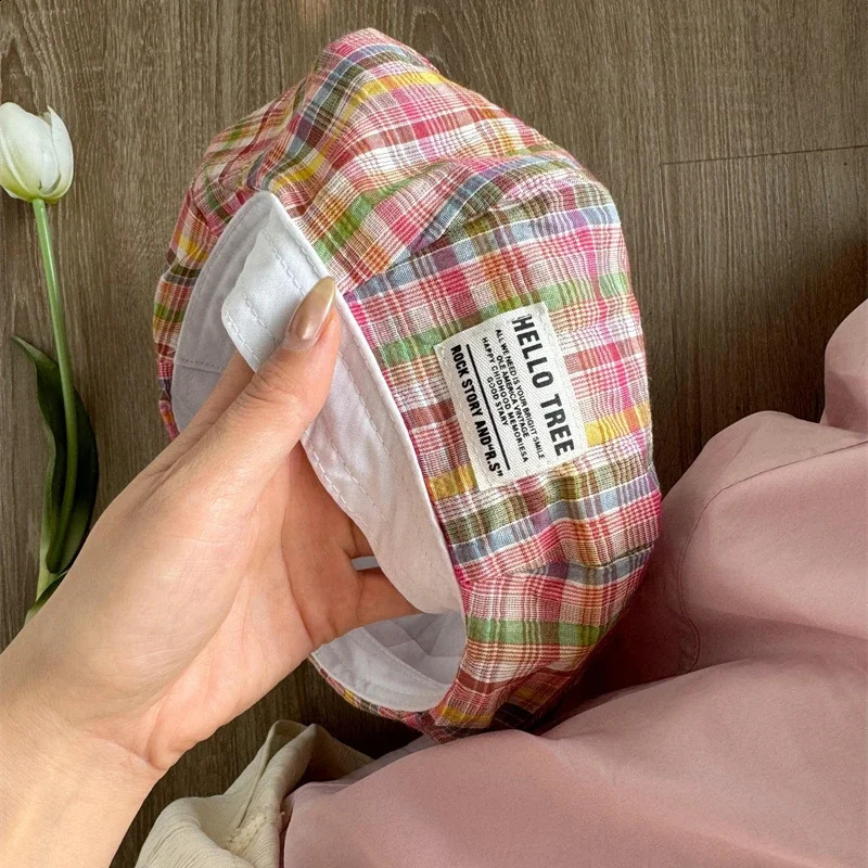 Japanese Sweet and Cute Plaid Berets for Weomen Show Face Small Spring and Summer Fashion Labeling Niche Painter Pumpkin Hats 241226