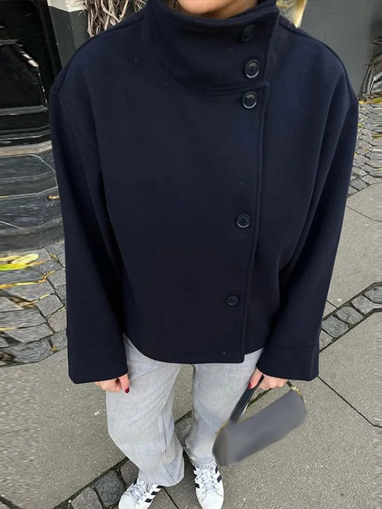 Casual Stand Collar Solid Short Coat Loose SingleBreasted Woolen Female French Winter Elegant Chic Street Outwear 241225