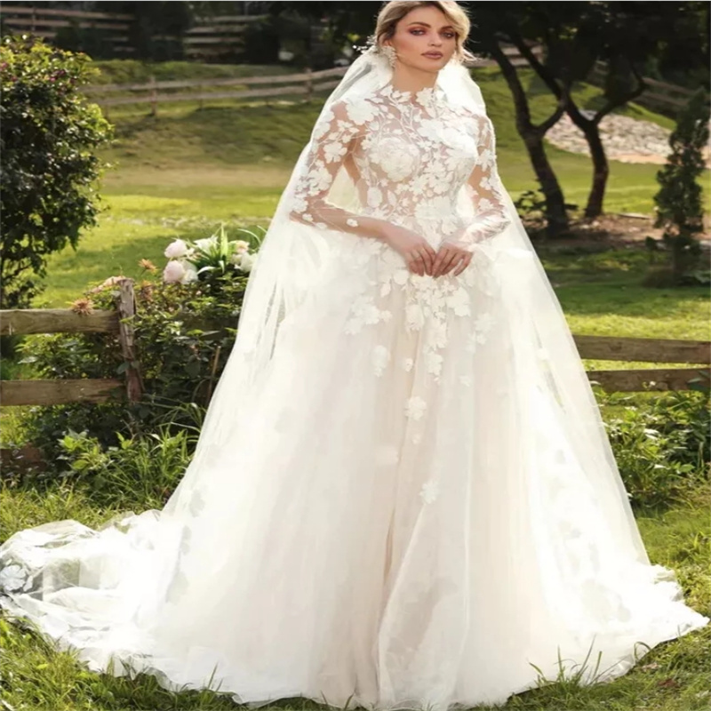Gorgeous Lace Boho Wedding Dress 2025 High Neck Long Sleeve Fairy Bohemian Bridal Dress Open Back Princess Bride Dress Elegant Vestio De Novias Beach 