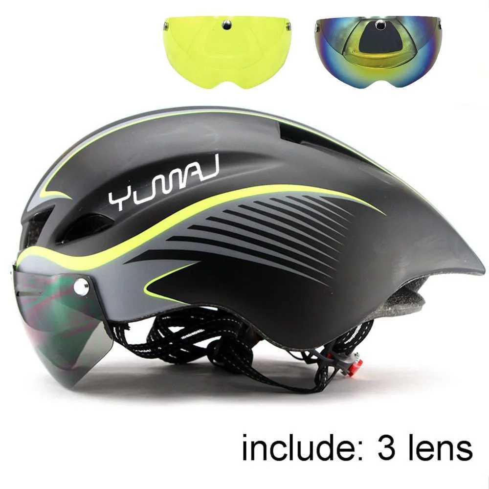 NEW 3 lens 290g Aero TT Road Bicycle Helmet Goggles Racing Cycling Bike Sports Safety TT Helmet in-mold Road Bike Cycling GoggleXJ241226