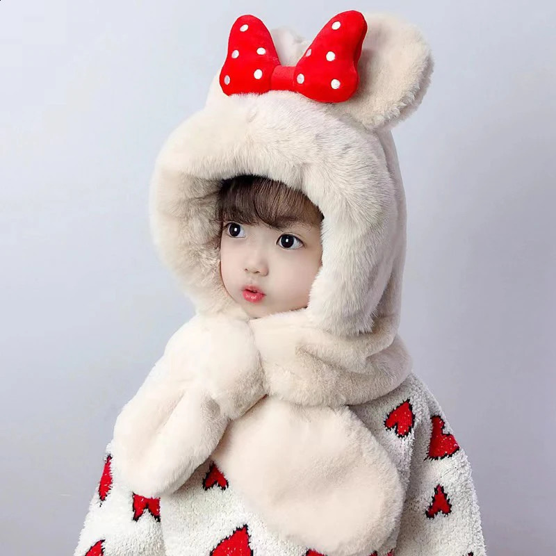 Cute Bow Winter Children Plush Scarf Hat 16year Baby Girl Ear Protection Cap Kids Cross Neckerchief Windproof Warm Fur Beanies 241225