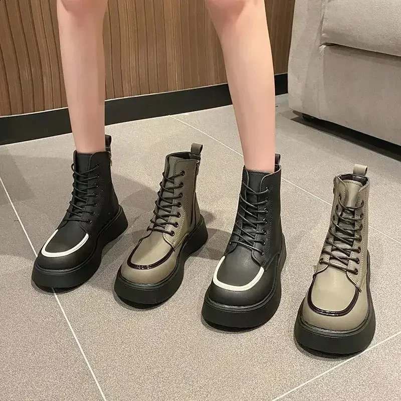 Trend for Spring and Autumn Round-toed Boots High Quality Thick-bottomed British Style Flat Ankle Boots for Women 241226