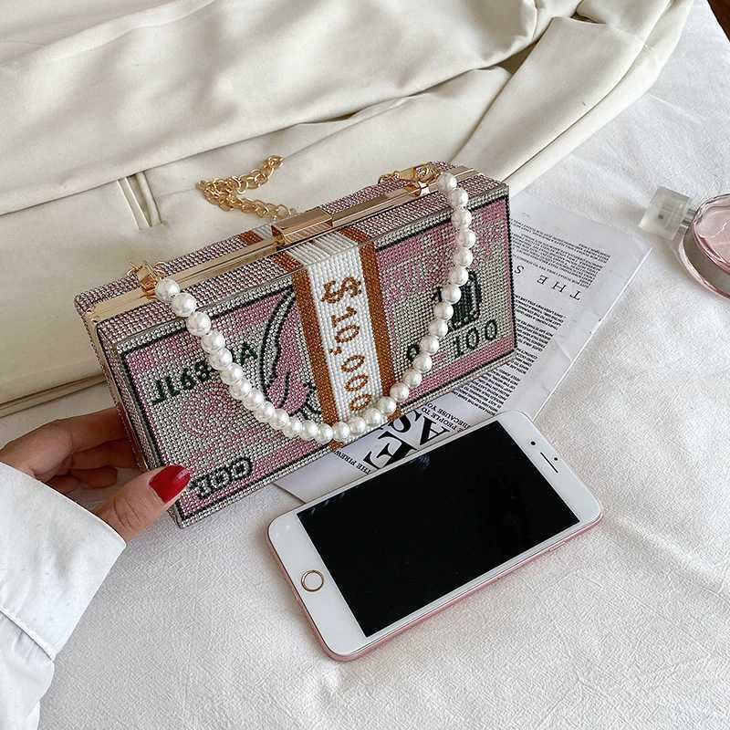 High Quality Luxury rhinestone pearl chain evening bag womens clutch wallet small square box dollar pattern casual shoulder messenger bag T241225