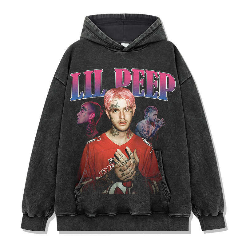 Hip hop lil peek printed high street short sleeved T-shirt vintage washed pure cotton round neck hooded sweatshirt