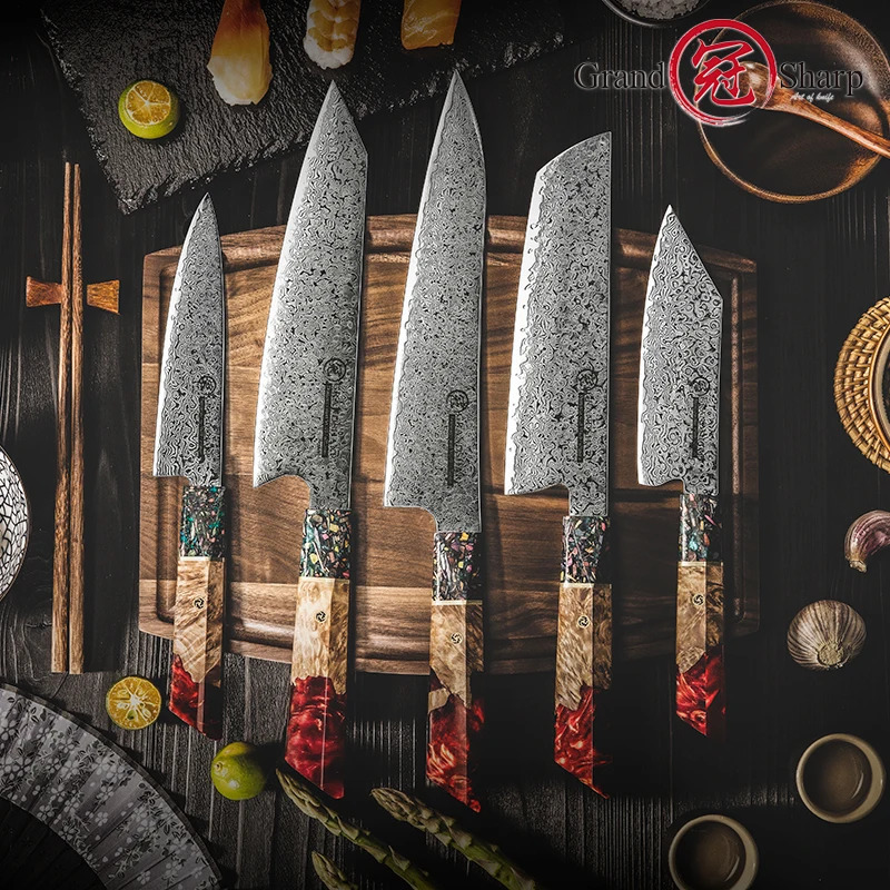 Grandsharp 1-5 piece kitchen knife set 67 layer Japanese Damascus knife AUS-10 steel chef practical knife sashimi knife 241225