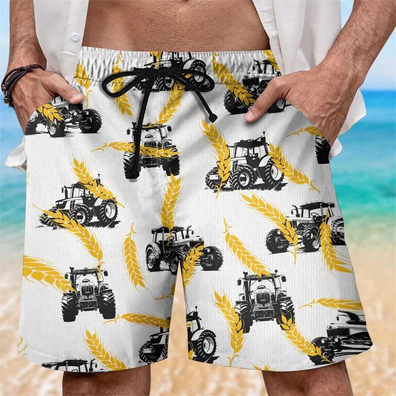 3D printed tractor mens shorts farm pattern beach shorts fashionable casual street oversized Hawaiian surfing swim trunks W241226