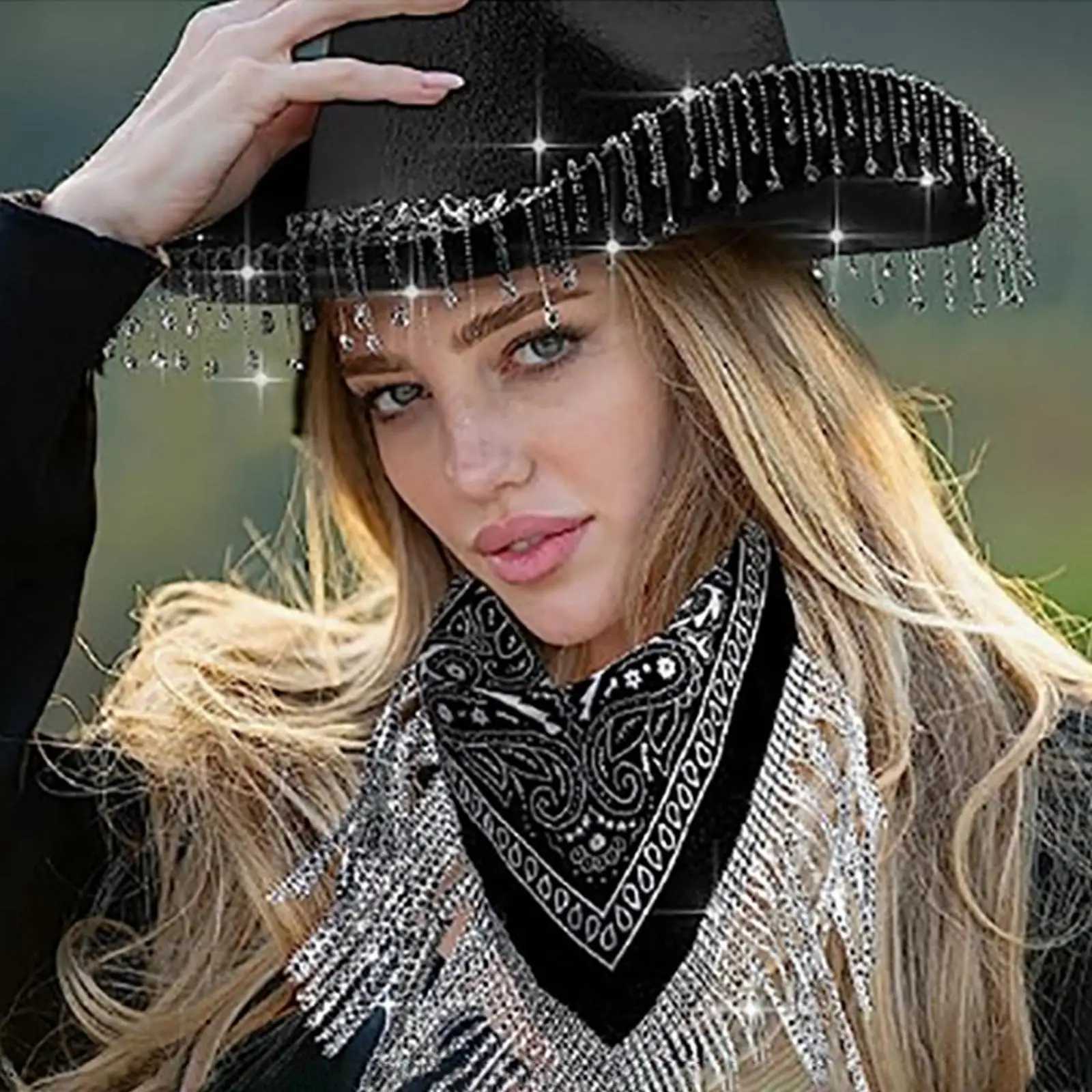 Felt denim hat with shimmering rhinestone edge denim hat strap with edge Bandana shimmering Tassel Halloween cosplay costume props W241225