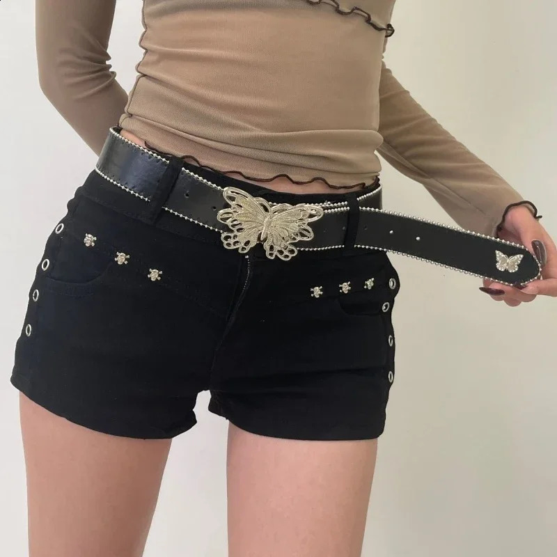 Y2k Harajuku Trendy Butterfly Black Belt Women Jeans Trousers Skirt Accessories Leather Belt Fashion Pink Tactical Belt Gifts 241226