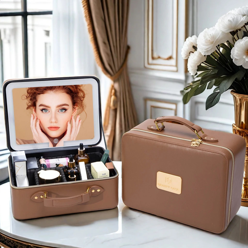 Travel Makeup Bag with Mirror of LED Lighted Makeup Train Case Cosmetic Case Large Waterproof Makeup Tool box Travel Storage Box 241226