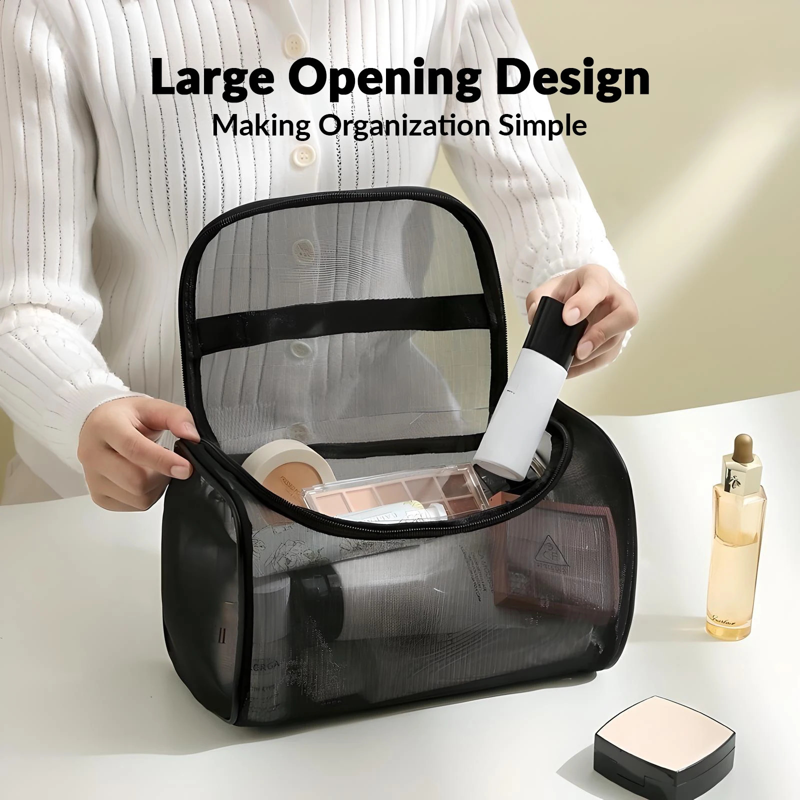 Clear Mesh Travel Makeup Bag - Large Capacity Cosmetic Organizer With Handle Nylon Makeup Pouch Available In Various 241226
