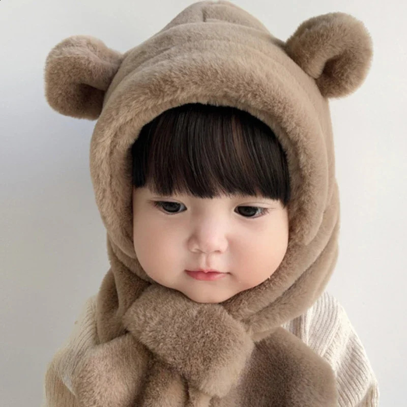 Winter Baby Hat OnePiece Faux Fur Kids Hooded Scarf Bear Ears Warm Neck Ear Cap for Girls Boys Windproof Beanies Infant 241225