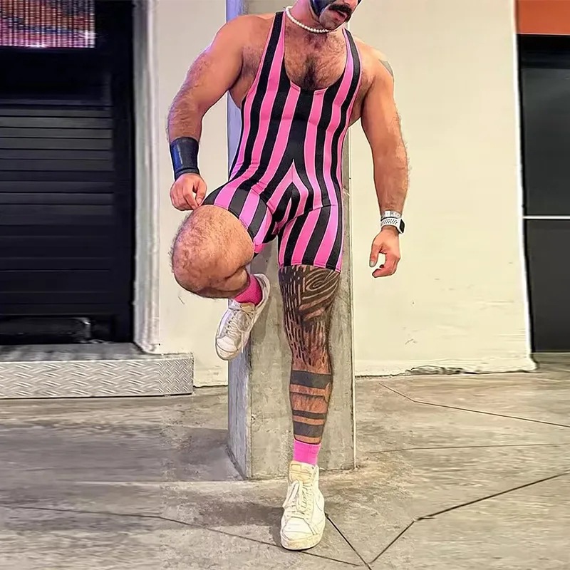 Men's Body Shapers Sexy Men's Slim Leotard Vintage Striped Printing Sleeveless Rompers Men Overalls Summer Fashion Shorts Jumpsuits Mens Bod