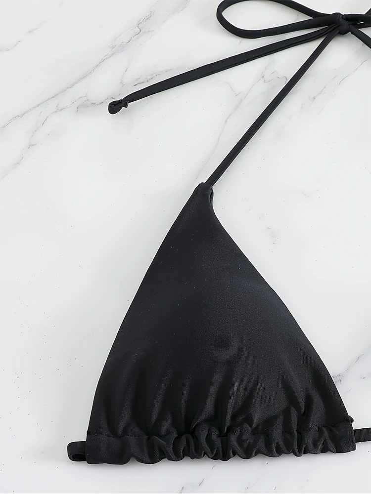 Womens 3-piece swimsuit solid suspender triangle tie bikini swimsuit covered beach skirt mini skirtW241225
