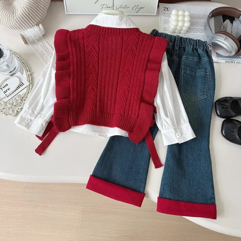 3Pcs Girls Suits Autumn Winter Long Sleeve ShirtKnitted Sweaters VestJeans Children Casual Costumes Toddler Girl Outfits Set 241225