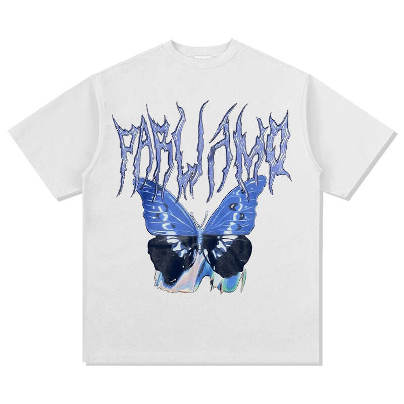 Butterfly digital print hiphop versatile short sleeved T-shirt vintage cotton loose trendy men's top