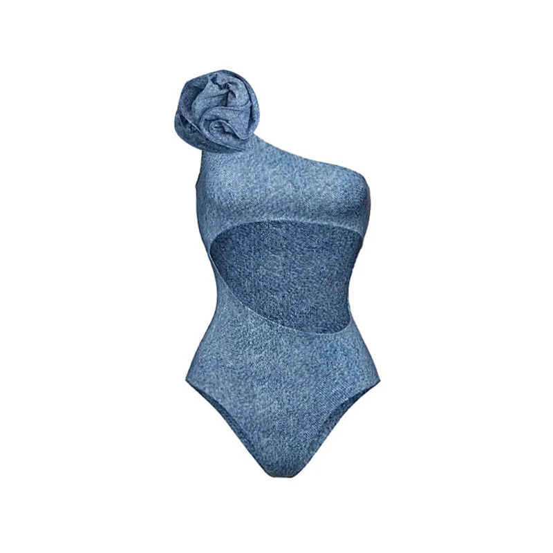 Denim Printed One Piece Swimsuit and Skirt for Women 2025 One Shoulder Swimwear Female 3D Flower Beach Wear Bathing Suit 241225
