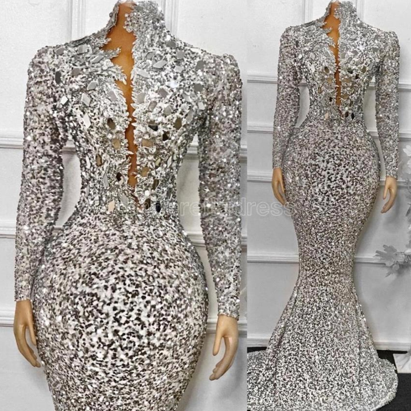 Sequins African Evening Dresses Long Sleeves Mermaid Women Formal Party Dress Sparkly Beaded High Neck Prom Gowns BC