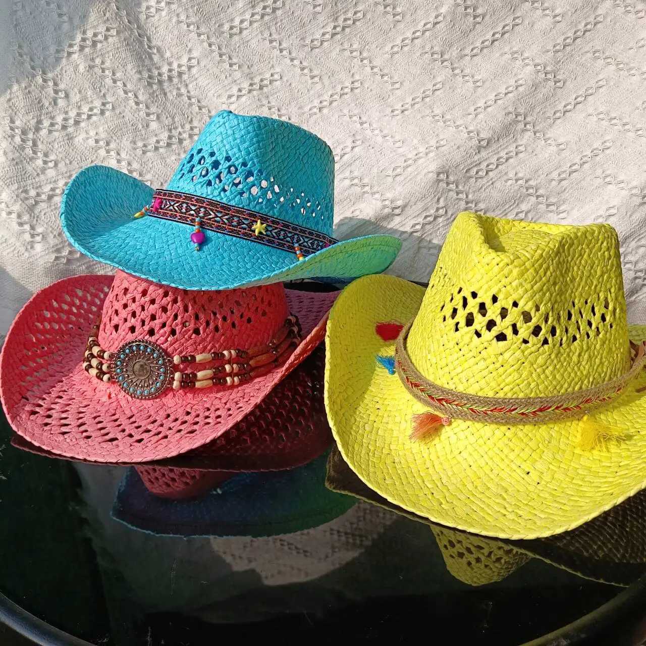 2024 Summer Cowboy Hat Hollow Hand Knitted Mens and Womens Outdoor Travel Beach Hat Unisex Sombrero Hombre W241225