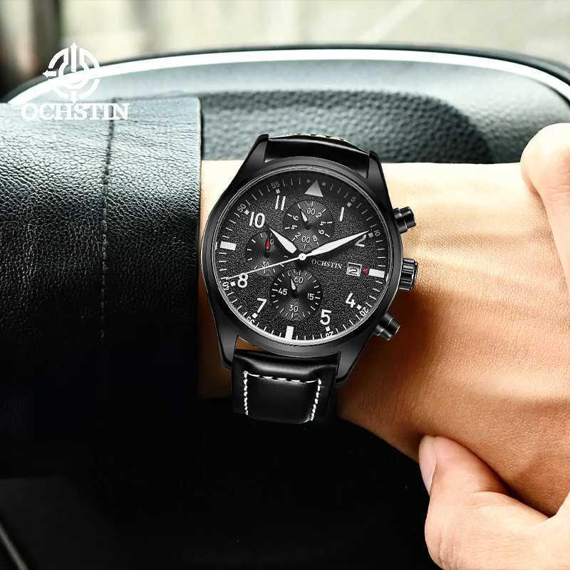 OCHSTIN genuine waterproof sports mens watch three eye calendar quartz watch fashion leather strap mens casual Wirstwatch M241226