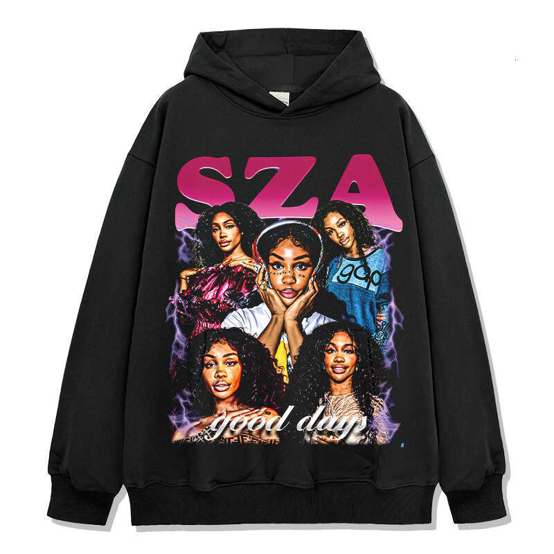 American hip-hop Shisha SZA printed short T-shirt, loose and versatile, long sleeved round neck hooded sweatshirt
