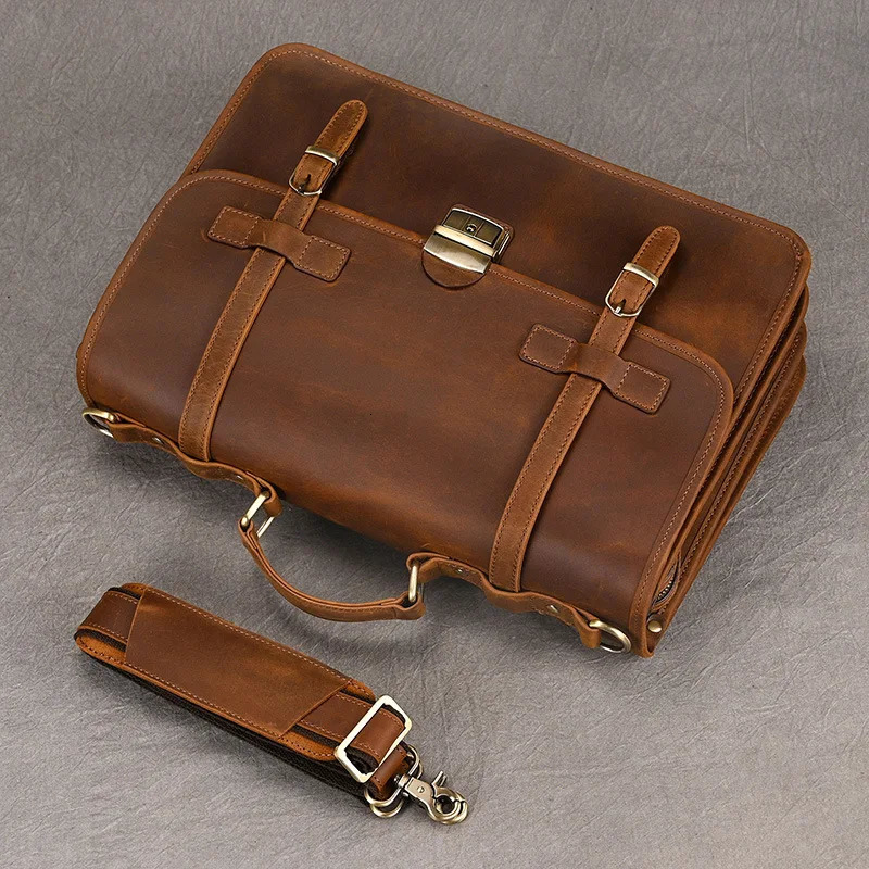 Vintage Genuine Leather Business Briefcase for Men Top-Grain Cowhide Shoulder Crossbody Messenger Bag 241225