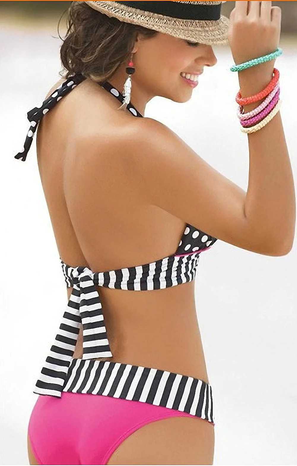 Polka dot print fashionable bikini womens split swimsuit backless lace styleW241225