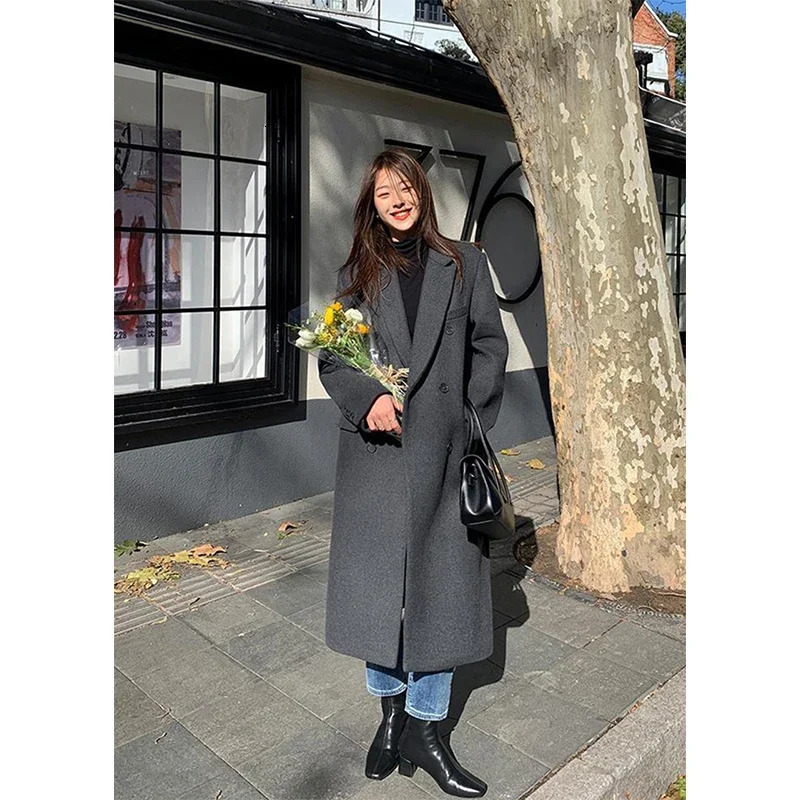 MEXZT Long Wool Blends Coat Streetwear Black Blazer Korean Quilted Woolen Jackets Winter Elegant Overcoat Thick Outerwear 241225
