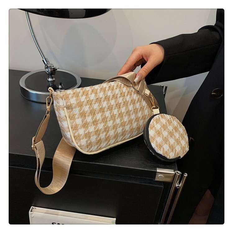 Fresh Checkered New Korean Style Elegant Simple Wide Strap Single Shoulder Crossover Small Square Bag